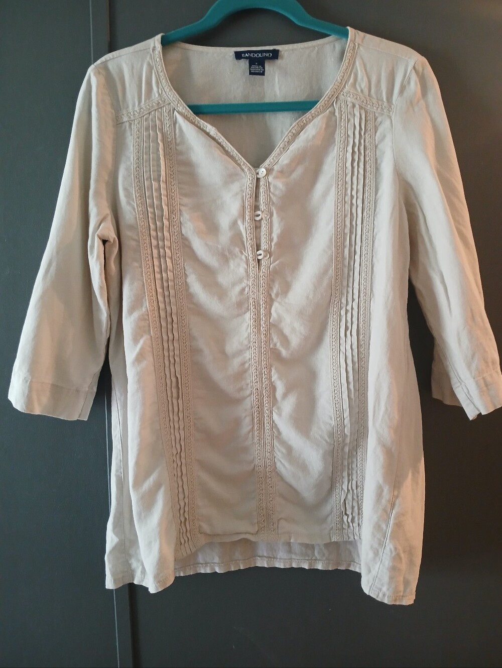 Lagenlook Bandolino tunic Small Tab Roll Up Sleeves Beige Linen Blend
